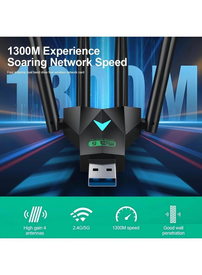 أورييل محول واي فاي لاسلكي AC1300 USB - مستقبل لاسلكي خارجي ثنائي النطاق 2.4 جيجاهرتز/5 جيجاهرتز بسرعة 1300 ميجابت في الثانية، بطاقة شبكة لاسلكية، واي فاي 5، منفذ USB 3.0، تقنية MU-MIMO، متوافق مع أجهزة الكمبيوتر المكتبية والمحمولة، أنظمة التشغيل ويندوز 11/10/8.1/8/7/XP، لا يحتاج إلى تعريفات، يعمل بمجرد التوصيل والتشغيل - Image 3